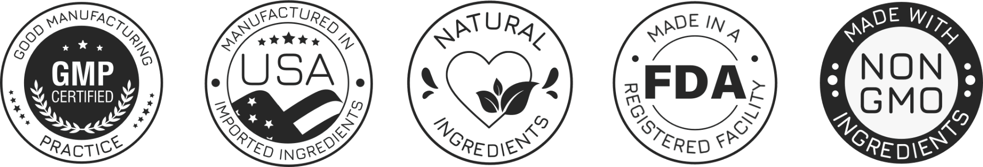 GMP Certified, Manufactured in USA, Natural Ingredients, FDA registered facility, Non-GMO